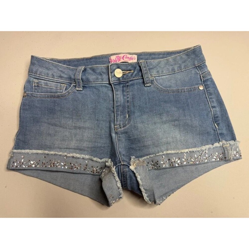 Candie’s Denim Shorts Women’s Size 1 Light Wash Jewel Embellished Cuffed Hem Y2K